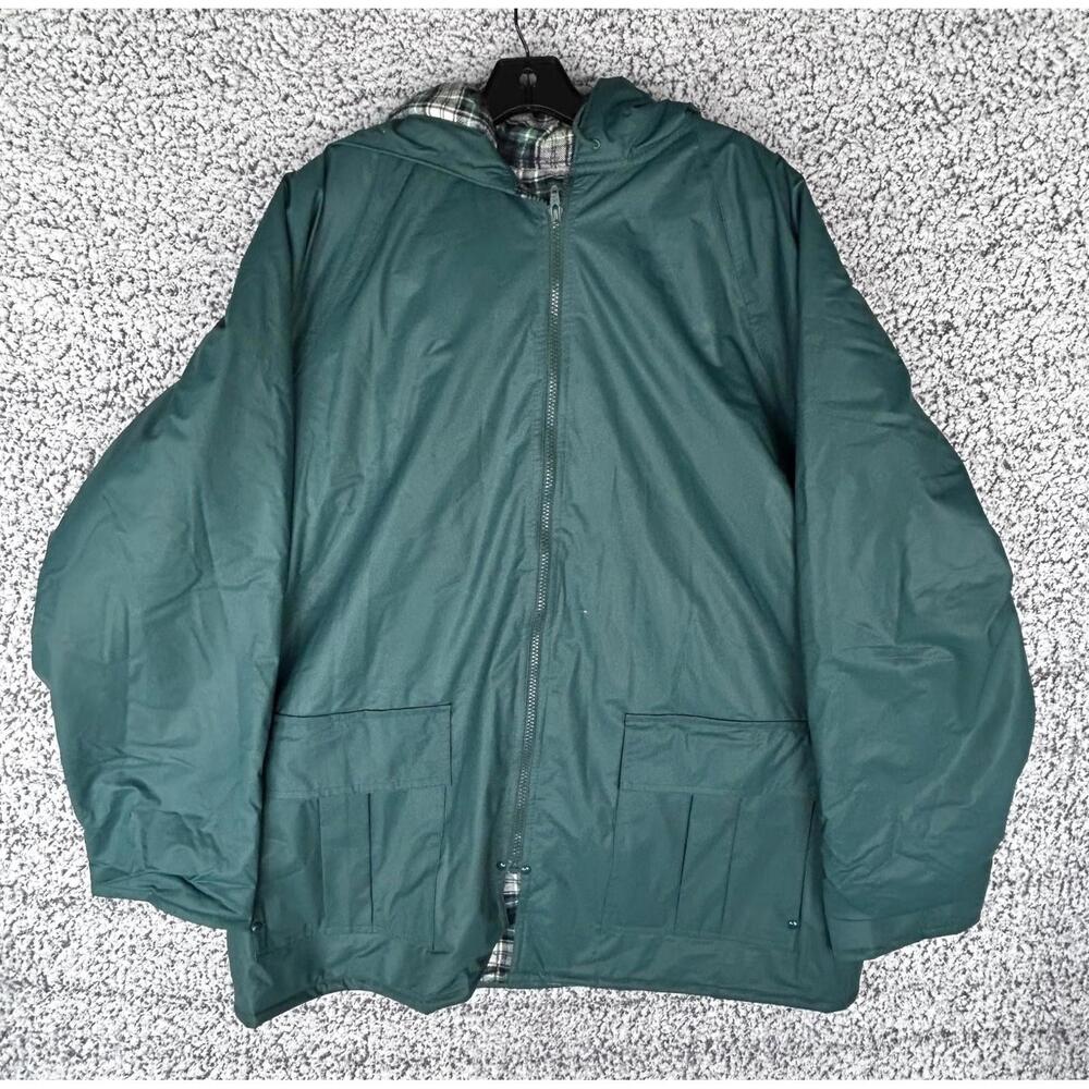 Totes Men's Size Large Hooded Green Rain Jacket W/ Plaid Lining & Front Pockets